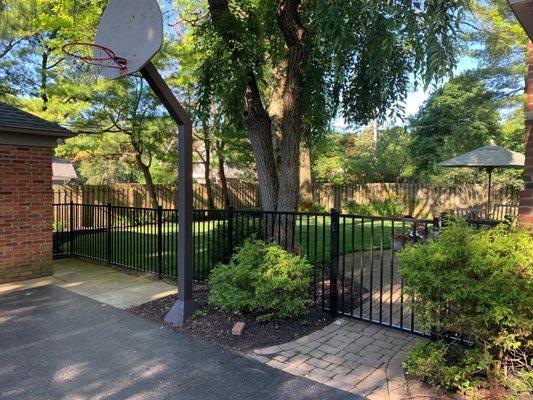 A photo of the backyard from the driveway with the backyard closed in with an aluminum fence.