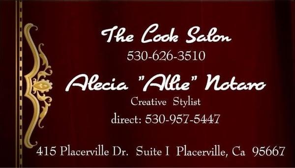 Allie's business card. Call for an appointment any time.