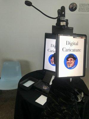 Digital caricature setup. iPad, monitor and printer. Digital downloads available post event.