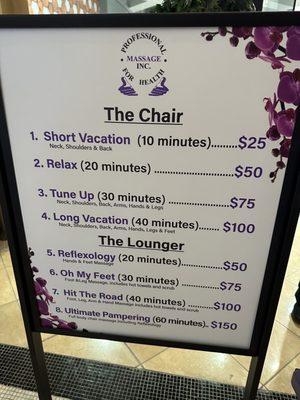 Prices. Apparently they don't give the 10-minute massage...