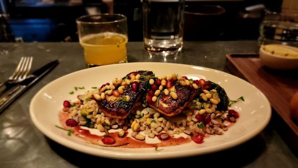 Halloumi - pearl barley, sweet onions, honey, roasted brussels sprouts, pomegranate seeds, brown butter toasted pine nuts, port tamarind jus