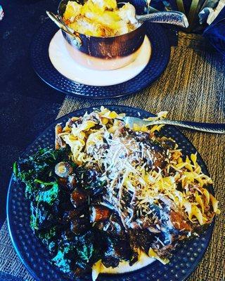 Coq au vin and french onion soup with sauteed spinach, kale, and dates