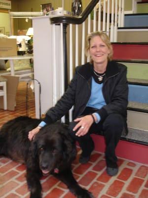 Owner Debbie Sparrow. lover of people, animals and stuff and sidekick Teddy, mixed lab/newfoundland.