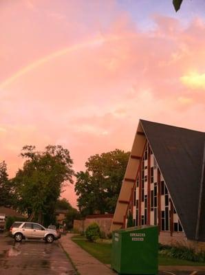 Rainbow over church