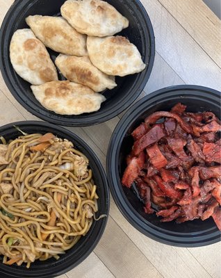 Boneless spareribs, fried pork dumplings and Chicken Lo Mein. Delicious.