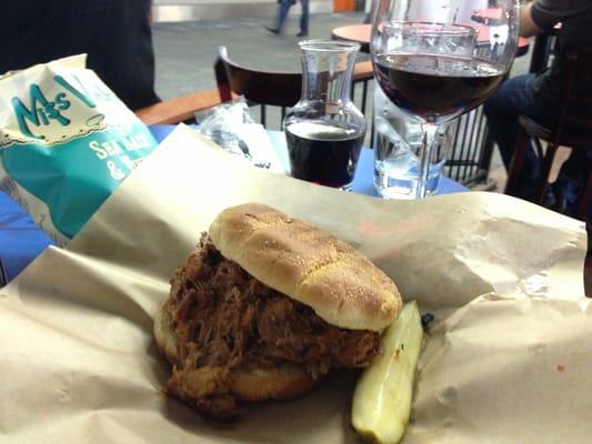 BBQ pulled pork, chips & wine