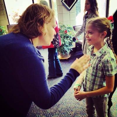 Pastor Hannah and a Sunday School student prepare for the Christmas pageant.