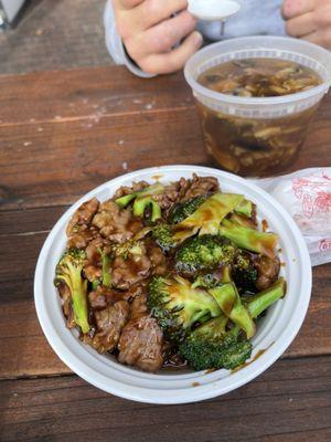 Beef and Broccoli- yum! Hot and Sour soup in the back