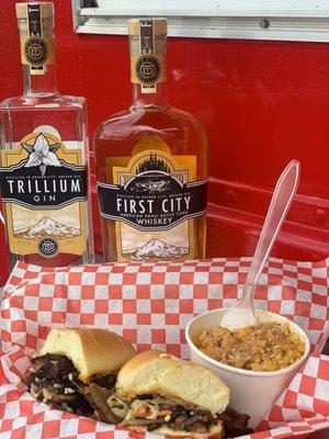 The Johnson, smoked brisket sandwich, with mac & cheese. You can purchase Trail Distilling's spirits from Rascals to take home and enjoy!