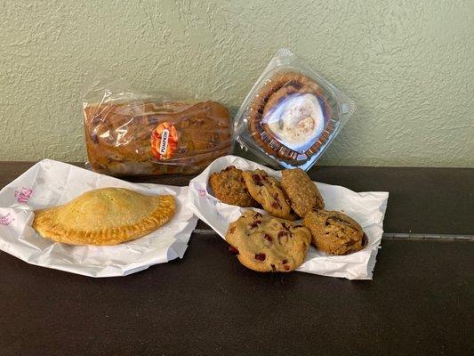 Pumpkin loaf cinnamon roll, meat empanada,  and the cookies!!!!