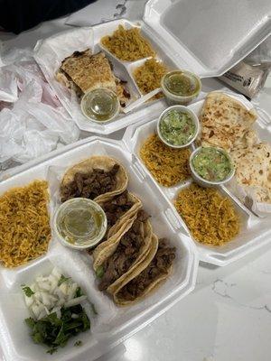 Beef/chicken quesadillas plate, fajita tacos