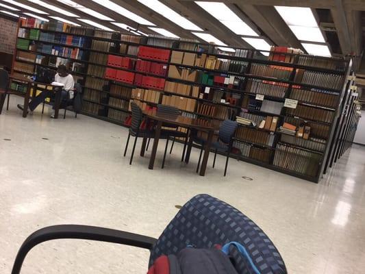 Beautiful bird in the library. Right next to the blue chair, on the floor. It's a pleasant sighting, on an otherwise dull day.