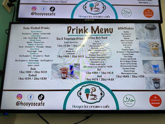 A menu of their drinks; from energy, coffee, milkshake and more!