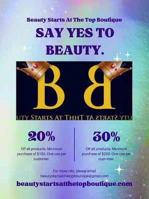 Beauty Starts At The Top Boutique (check out our clothing line for women on beautystartsatthetopboutique.com