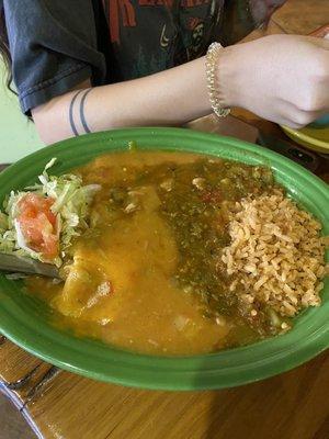 Real enchiladas are not supposed to be drowned in a huge glop of yellow cheese on top and whatever this gross green Chile is