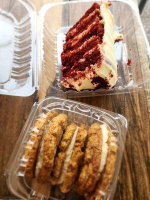 Shyndigz velvet (full slice); oatmeal cream pies