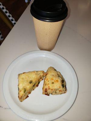 Green chile cheddar scones and coffee