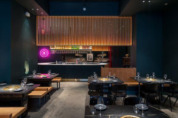 Soapstone tables at Cote Steakhouse, NYC