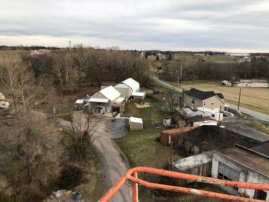 Winter time aerial of shop and part of the farm.