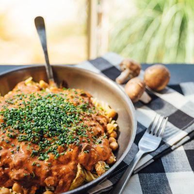 Chickpea Paprikash with buttered Chive noodles