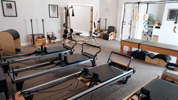 We are equipped with all of the essential Pilates apparatuses;
 the Reformer, Cadillac, Chairs, Ladder Barrel, Ped-O-Pul, & More!