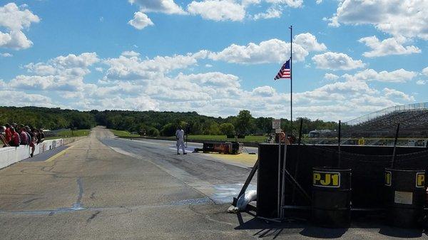 Left lane. Flag at half staff for remembering 9/11.