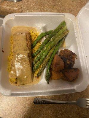 Cajun salmon platter minus the crabmeat with asparagus and (dry) yams.