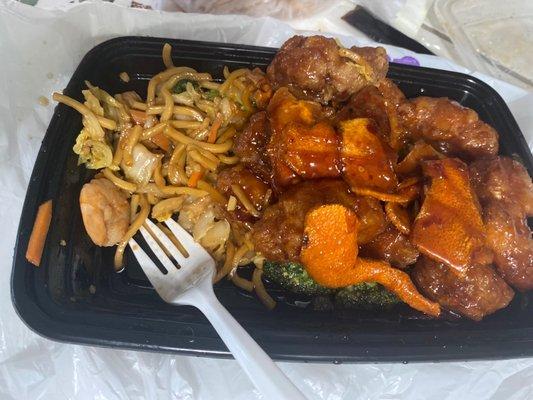 Orange chicken and shrimp lo mein