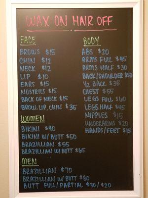 Price list for all services