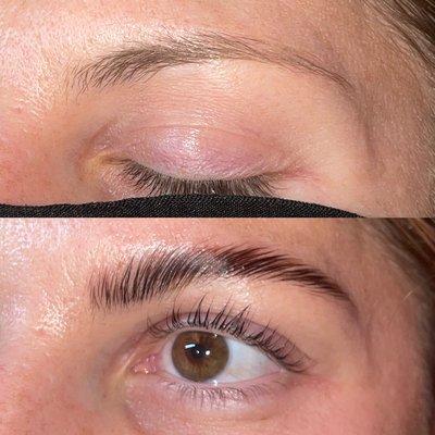 Eyebrow lamination and eyelash lift with tint