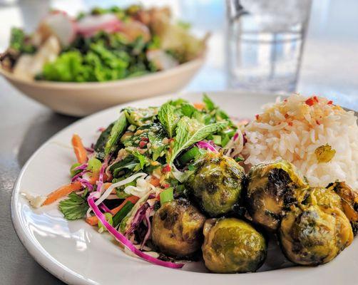 Veggie Meshi: fried brussels sprouts, salad with fresh herbs, white rice, ginger dressing