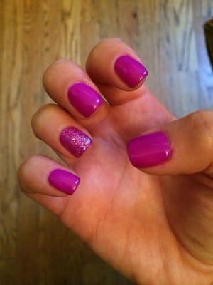 Gel manicure with a glitter polish over one finger!