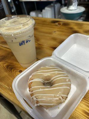 Butterscotch and white chocolate iced latte; maple glazed doughnut