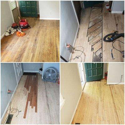 Repair to damaged floor. Board staggering and replacement.