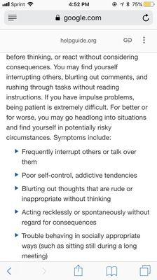 Screenshots from helpguide.org's "ADHD in Adults" article. Verbatim as her quiz which she says wasn't stolen from web.