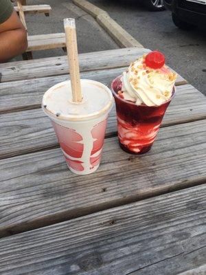 Cappuccino crunch & coffee milkshake (on left) and strawberry sundae (on right)