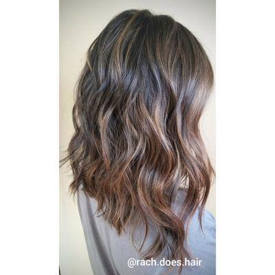 Natural balayage on dark hair. Color cut and style by Rachel