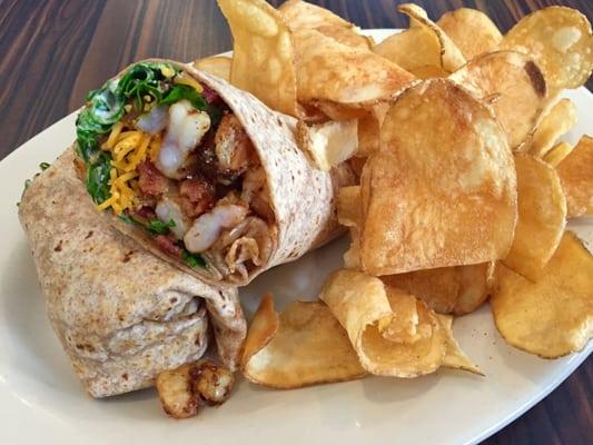 Blackened Shrimp Wrap with our Home-made Chips added-in for a full meal.