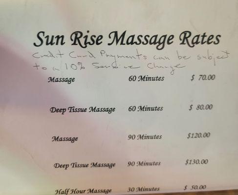 Sun Rise Massage Rates 2024