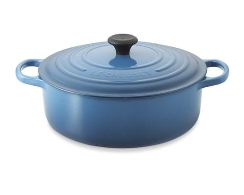 Le Creuset cook ware in a variety of colors and styles and sizes.