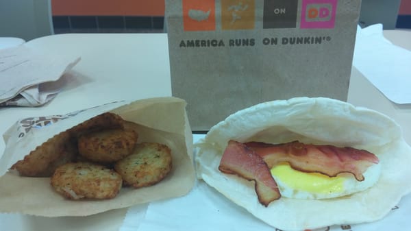 Wake-up wrap w/bacon. Side of hashbrowns.