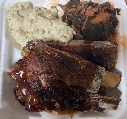 Rib plate with cauliflower mash and collard greens/ kimchi