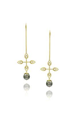 Bahari Quatrefoil earrings with rose cut diamonds, Tahitian pearls in 18k yellow gold