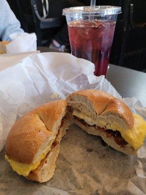 Bacon egg and cheese. Hibiscus berry iced tea