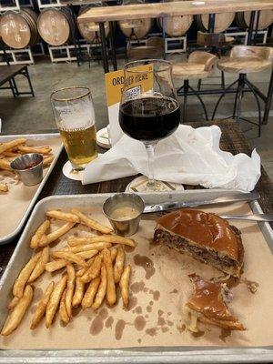 Smashed burger and fries - BlackBerry Farm Brewery