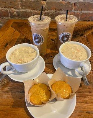 Homemade chicken and dumplings with honey cornbread muffin