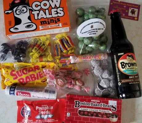 Our haul. Mint malted milk balls, chocolate covered almonds, smarties, nonpareils. . . their inventory is vast . .