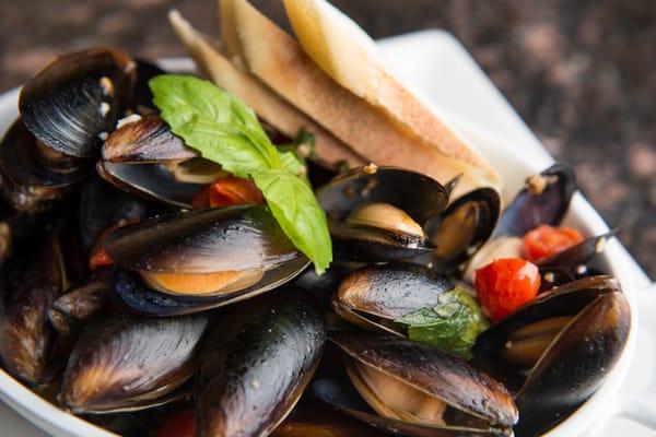 Steamed Mussels with tomato, basil, and capers in a white wine sauce.