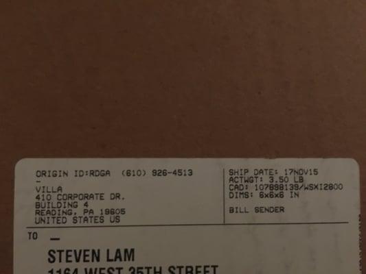 Proof of my purchase and shipment from Villa.