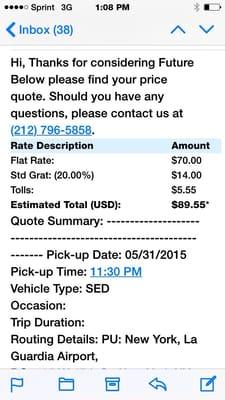 Detailed cost breakdown for car service, emailed to you. So you pay what you are quoted. All included fare, tip and tolls.